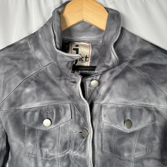 JKT NYC Womens Grey Genuine Leather Fringed Jacket Size XS 'Alexa‎ Patina' Moto
